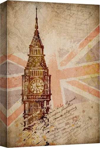 wall26 Lienzo impreso para pared, diseño retro, vintage, bandera de Union Jack, arquitectura y mapas del Big Ben, arte digital, arte moderno,