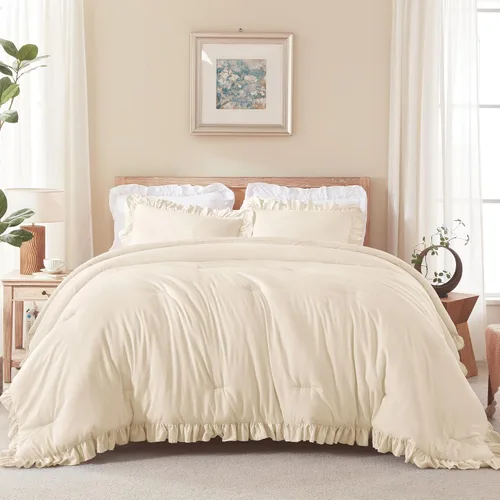 Miniatura 2 de Andency Juego de edredón beige tamaño King, 3 piezas estilo farmhouse shabby chic con volantes, ligero esponjoso suave de microfibra para todas