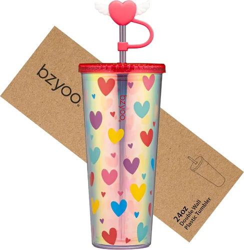 Miniatura 14 de bzyoo SIP - Vaso de plástico de doble pared de 24 onzas (710ml) con tapa y pajita, taza de viaje para bebidas frías reutilizable, café helado, taza