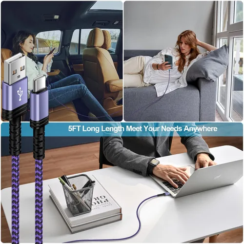 Miniatura 6 de Cable de carga USB C, cable de alimentación para teléfono Android, paquete de 3 unidades, trenzado USB A a tipo C, cable de carga rápida