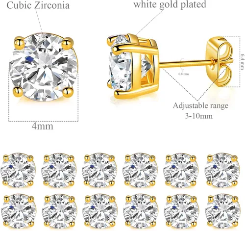 Miniatura 25 de Aretes de tuerca chapados en oro blanco de 18 quilates de 3 a 0.315 in con circonita cúbica redonda, paquete de 6 pares
