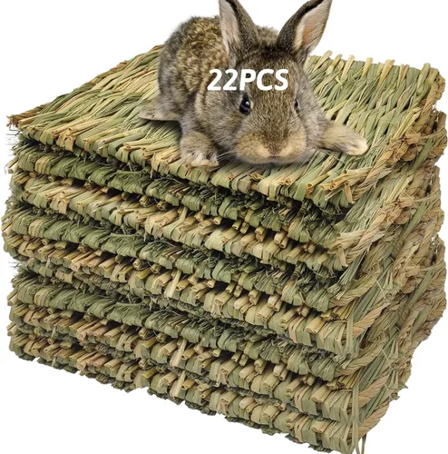 Miniatura 9 de Alfombrilla de césped tejida para animales pequeños, 5 tapetes de hierba, ropa de cama de conejo, nido, juguete para masticar, juguete para jugar