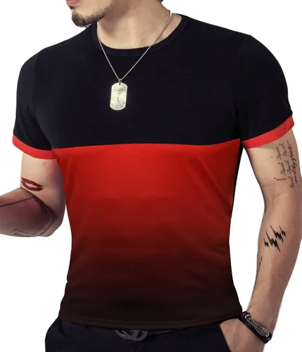 Miniatura 3 de kuboyee Mens Slim Fit Cotton T-Shirt Short Sleeve Crew Neck Contrast Gradient Color Stitching Tops Fashion Shirts Casual Tee