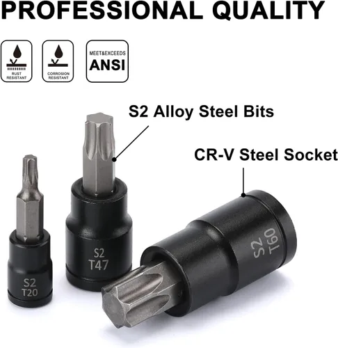 Miniatura 4 de Mayouko Juego de 25 brocas Torx de 1/4", 3/8", 1/2", 1/2", 1/2", 12 enchufes E-Torx hembra y 13 puntas de enchufe estrella