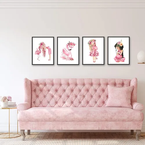 Miniatura 5 de Lienzo decorativo para pared de niña flamenco, cuadro rosa acuarela princesa floral decoración de animales para baby shower, baño, cuarto de bebé