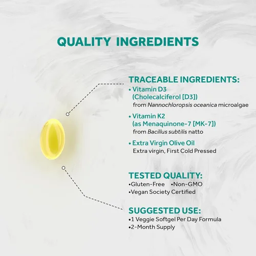 Miniatura 3 de Naturalis Vitamina vegana D3+K2 de algas 5000 UI D3 con 120 mcg MK7 Certificado de la sociedad vegana, de origen sostenible, mejor que