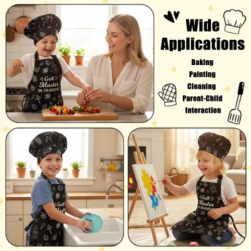 Miniatura 5 de R HORSE Juego de delantal y sombrero de chef para niños, 2 piezas, mini parrilla ajustable, delantal de cocina para niños, juego de rol, juguete