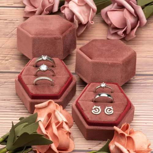 Miniatura 5 de Giftop Caja de terciopelo hexagonal igual para anillos, 3 ranuras para ceremonia de boda, propuesta, compromiso, cumpleaños (rosa polvoriento)