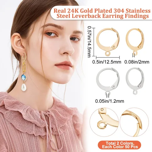 Miniatura 2 de Beebeecraft 100 aretes de aro Huugie chapados en oro de 24 quilates, redondos, con cierre de palanca, ganchos franceses, cierre de alambre