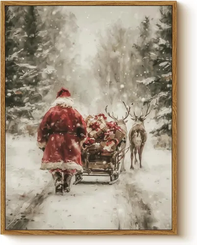 Miniatura 15 de Arte de pared con trineo, árbol navideño y cajas de regalo, 12 x 16 pulgadas, lienzo enmarcado de Navidad, cuadro rústico festivo, obra de arte