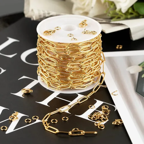 Miniatura 7 de KYUNHOO Cadena de acero inoxidable chapada en oro de 16.4 ft para hacer joyas, cadena ovalada en relieve de 0.157 in de ancho, cadena de joyería