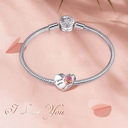 Miniatura 4 de Abalorios de plata de ley 925 con forma de corazón y flor de rosa 3D para pulseras, collares, bodas, día de San Valentín, día de la madre, regalo