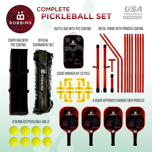 Miniatura 2 de Juego de pickleball con red 4 paletas de fibra de carbono aprobadas por Pickleball de EE. UU., sistema de red portátil de tamaño regulador, 8