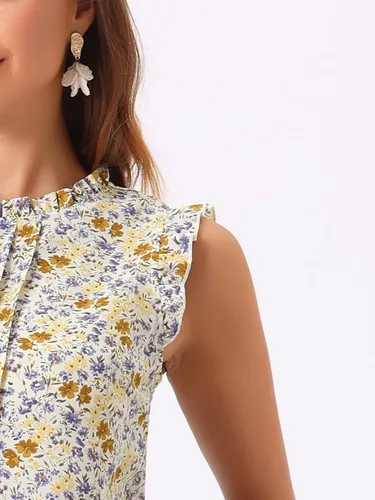 Miniatura 5 de Allegra K Blusa sin mangas para mujer, con volantes, para oficina, negocios, estilo vintage de los años 50, blusas florales