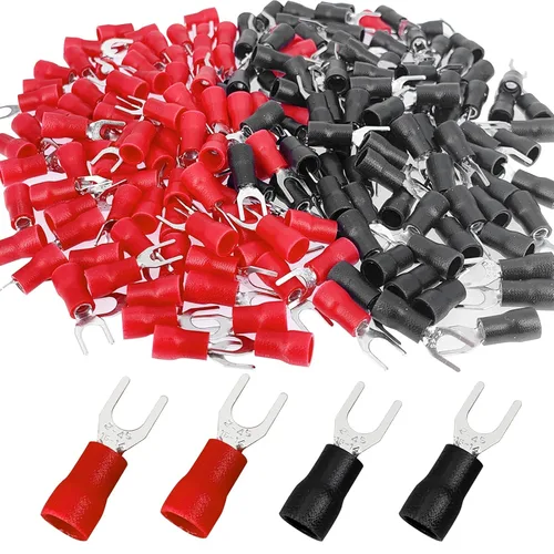 200 piezas de conectores de cable eléctrico tipo U con terminales de crimpado, 16-14 AWG #8, aislados, horquilla en forma de espada, color negro y