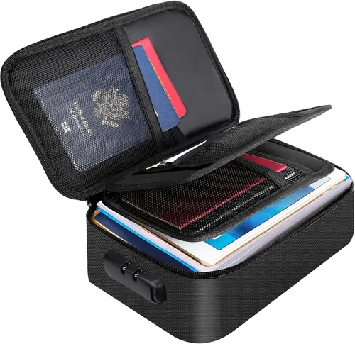 ENGPOW Pequeño estuche organizador de almacenamiento ignífugo con cerradura (9"x 5.3"x 3.7"), bolsa billetera organizadora de monedas caja fuerte de