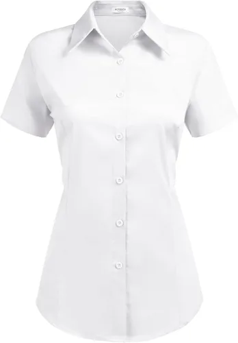 Miniatura 16 de HOTOUCH - Camisas básicas con botones para mujer de manga corta elásticas con cuello de botón para mesera y trabajo