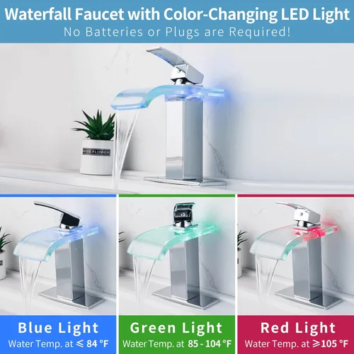 Miniatura 2 de Grifo de Baño LED, Grifo de Lavabo de Baño Cascada Cromado, 1 Agujero, Centros de 4 Pulgadas, Luz LED de Control de Temperatura que Cambia