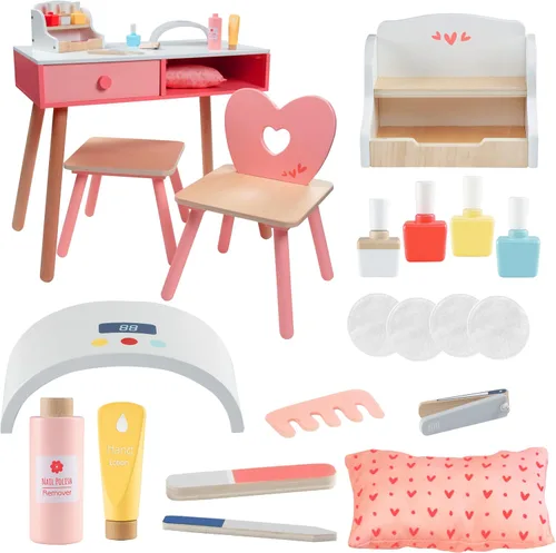 Juego de madera para salón de uñas de simulación, juego completo Glam & Glow incluye esmaltes de uñas, organizador de belleza, lima, silla secadora