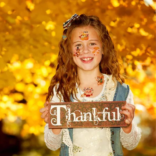 Miniatura 6 de HOWAF 96 tatuajes temporales de otoño para niños, tatuajes faciales de cosecha de otoño para bienvenida, otoño, hola, suministros de decoración