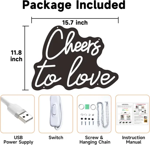 Miniatura 7 de Letrero LED de neón con texto en inglés «Cheers to Love» para decoración de pared, con suministro USB, para dormitorio, cumpleaños, boda, 15.7 x