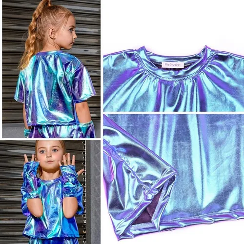 Miniatura 5 de Perfashion Camisas metálicas para niñas con mangas de brazo, top corto brillante para baile, raves, festivales, disfraces de 4 a 15 años