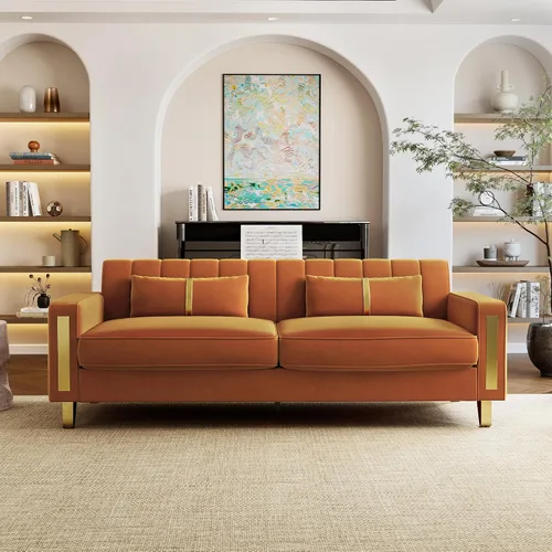Miniatura 9 de Sofá de dos plazas para sala de estar, sofá de terciopelo beige de 86 pulgadas con 2 almohadas y patas de metal dorado, sofá tapizado moderno sofá