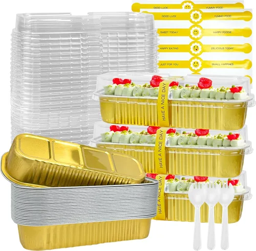 Miniatura 21 de Paquete de 100 mini moldes para pasteles de 6.8 onzas con tapas, moldes para hornear de papel de aluminio, recipientes individuales para postres