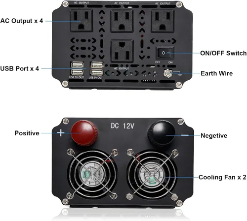 Miniatura 3 de Inversor de corriente de 2500 vatios de 12 V a 110 V/120 V CC a CA, pico de 5000 W, con control remoto y LCD, 4 salidas de CA y 4 puertos USB