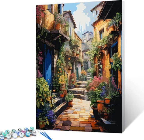 Tucocoo Pintura pintoresca de carril por números para adultos, flores coloridas para puerta, pintura en lienzo para niños, pinceles para