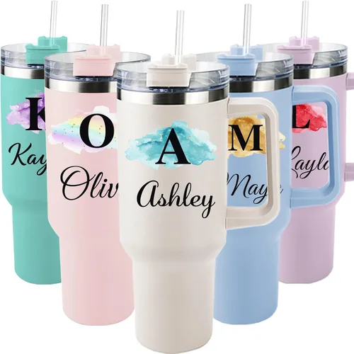 Miniatura 15 de ThermoThrill Se envía al día siguiente, vaso personalizado de 40 onzas con asa y pajita Vaso personalizado con texto Taza de acero inoxidable
