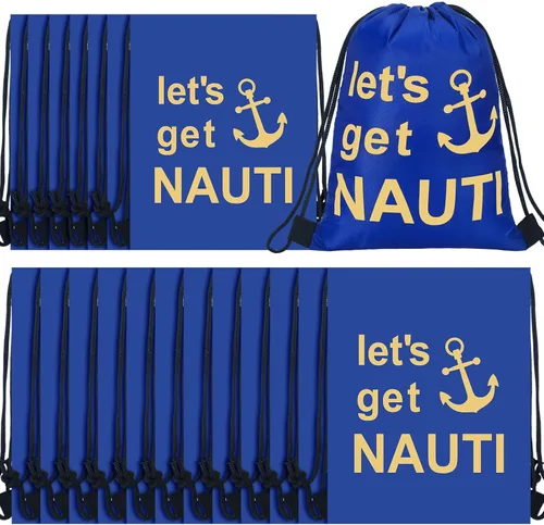 Pinkunn Paquete de 20 bolsas con cordón de 17 x 13.4 pulgadas, diseño náutico con cordón, bolsas de regalo con temática náutica, color azul crucero,