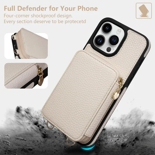 Miniatura 7 de Funda compatible con iPhone 15 Pro Max de 6.7 pulgadas, cremallera cruzada con ranuras para tarjetas de bloqueo RFID, soporte, cordón y correa