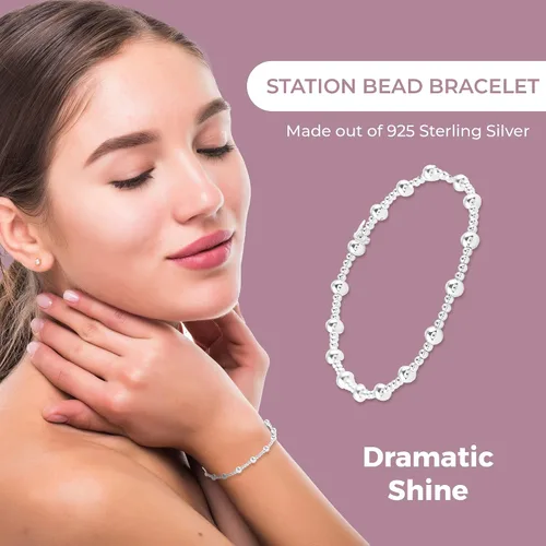 Miniatura 4 de Compra pulseras de plata de ley 925 LC para mujer, pulseras elásticas de plata de ley con cuentas de estación de bolas, joyería elástica