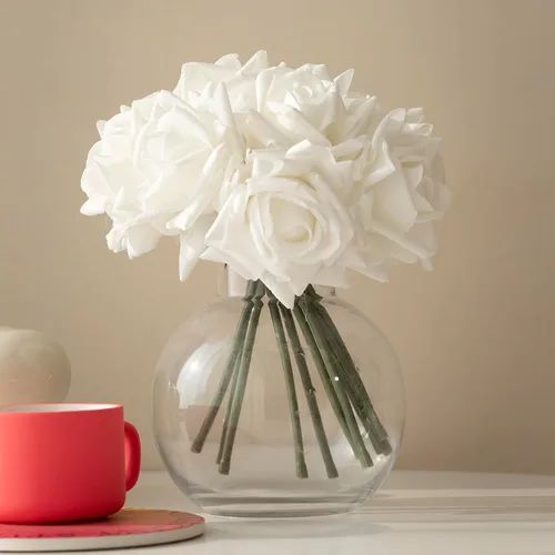Miniatura 5 de DUYONE Rosas artificiales de un solo tallo 10 piezas de arreglo floral de seda falsa, toque real para decoración del hogar, fiesta, boda (blanco)