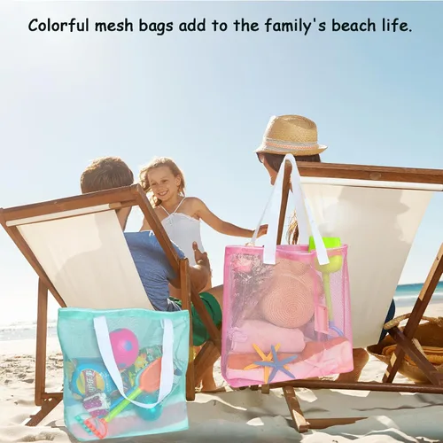 Miniatura 7 de Paquete de 4 bolsas reutilizables de malla colorida para la playa, bolsa de compras de malla con cordón para viajes, juguetes, regalo o lavandería