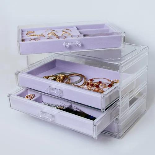 Miniatura 7 de The TopCherry Organizador de joyas de acrílico con 4 cajones, organizador de aretes, caja de joyería transparente, anillos, collares, pulseras