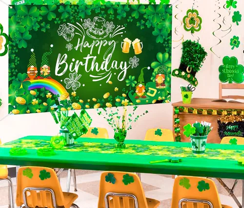 Miniatura 3 de Decoraciones de cumpleaños del día de San Patricio, pancarta de fondo de feliz cumpleaños del día de San Patricio, trébol de la suerte, trébol
