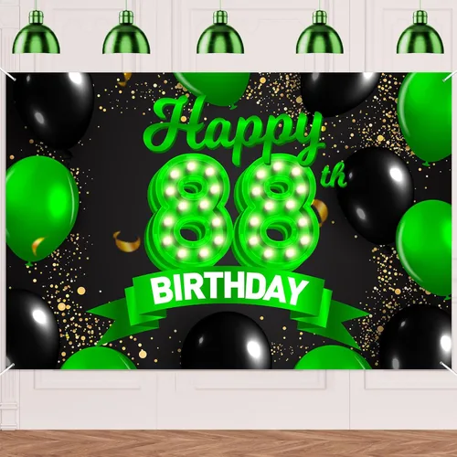 Miniatura 9 de Cartel de feliz cumpleaños 26 verde y negro, telón de fondo con texto en inglés "Cheers to 26 years old confeti", globos de confeti, decoración
