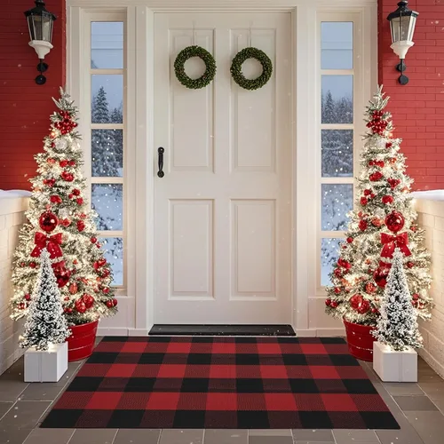 Miniatura 2 de SEEKSEE Alfombra de algodón a cuadros de 27.5 x 43 pulgadas, color negro y rojo, lavable, para interiores y exteriores, para puertas delanteras