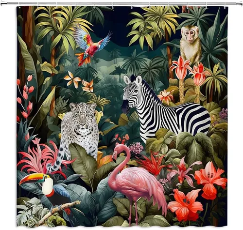 Cortina de ducha de animales de selva tropical, selva, leopardo, flamenco, cebra, loro, hoja de palmera, plantas verdes, vida silvestre, zoológico,