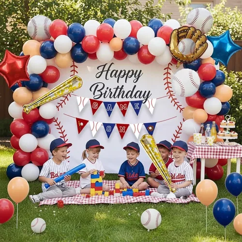 Miniatura 3 de Decoraciones de fiesta de cumpleaños de béisbol y con arco de globos rojo, blanco, azul marino y nude, guantes de bate de béisbol, globos de papel
