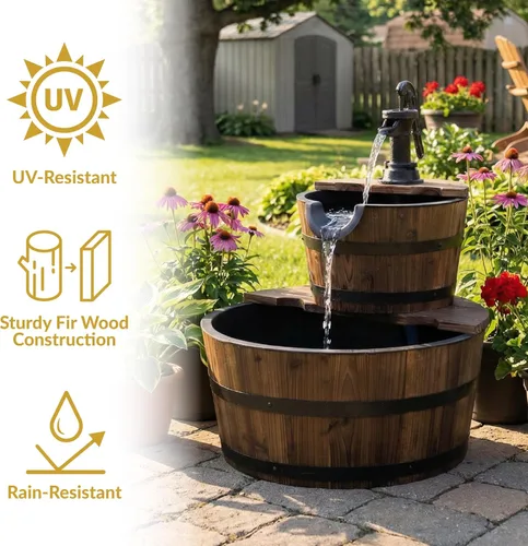 Miniatura 4 de Sunnydaze - Fuente de agua de barril de madera de 2 niveles, fuente de bomba de agua vintage de 23 pulgadas con bomba sumergible, para jardín