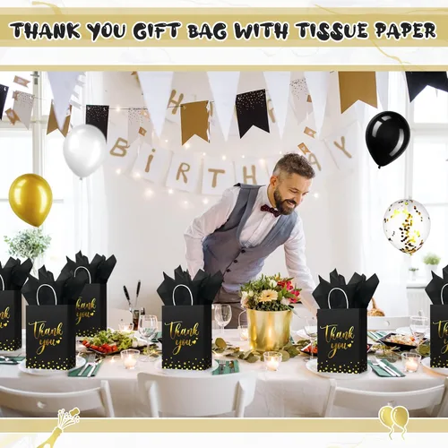 Miniatura 6 de Tinlade 12 bolsas de regalo de agradecimiento con papel de seda de lunares dorados, bolsas de agradecimiento con asa, recuerdos de fiesta para Negro