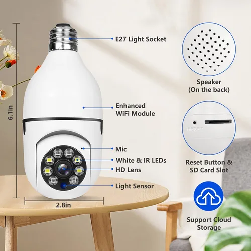 Miniatura 6 de Cámara de seguridad con bombilla 5G WiFi de doble banda, 360 grados 1080P inalámbrica para interiores a todo color, cámara domo inteligente