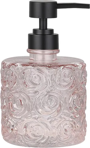 Miniatura 13 de Dispensador de jabón de vidrio Marcella con bomba de jabón, recargable con capacidad de 400 ml, diseño floral con patrones de rosas, vidrio grueso