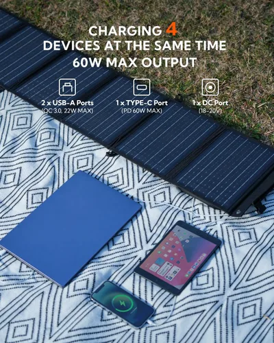 Miniatura 2 de LUMOPAL - Panel solar portátil, 60 W, paneles solares plegables, cargador solar plegable con PD60W USB C QC3.0 USB A salida impermeable