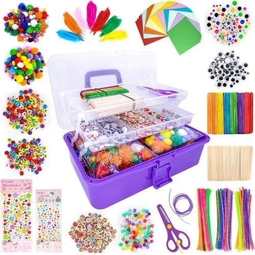 kortes Suministros de arte y manualidades jumbo para niños, juego de suministros de arte de bricolaje incluye limpiapipas, pompones, plumas, caja de