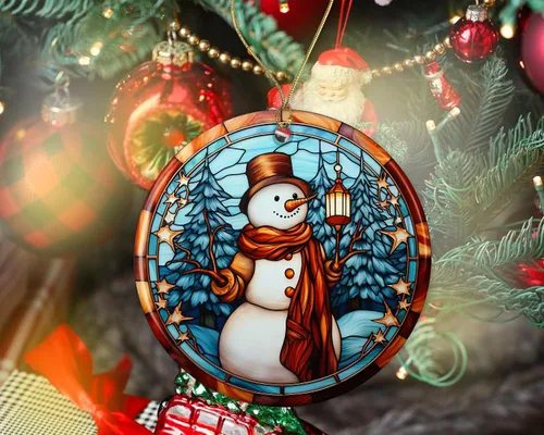 Miniatura 2 de Adorno de muñeco de nieve de Navidad de vitral, adorno de cerámica, adorno de muñeco de nieve de vitral, adorno religioso para cristianos impreso