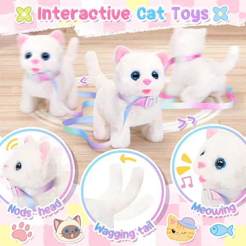 Miniatura 4 de NINAOR Juguetes interactivos para gatos para niños con bolsas bandolera, peluche de gato con correa para caminar y maullar, juguete de robot gatito